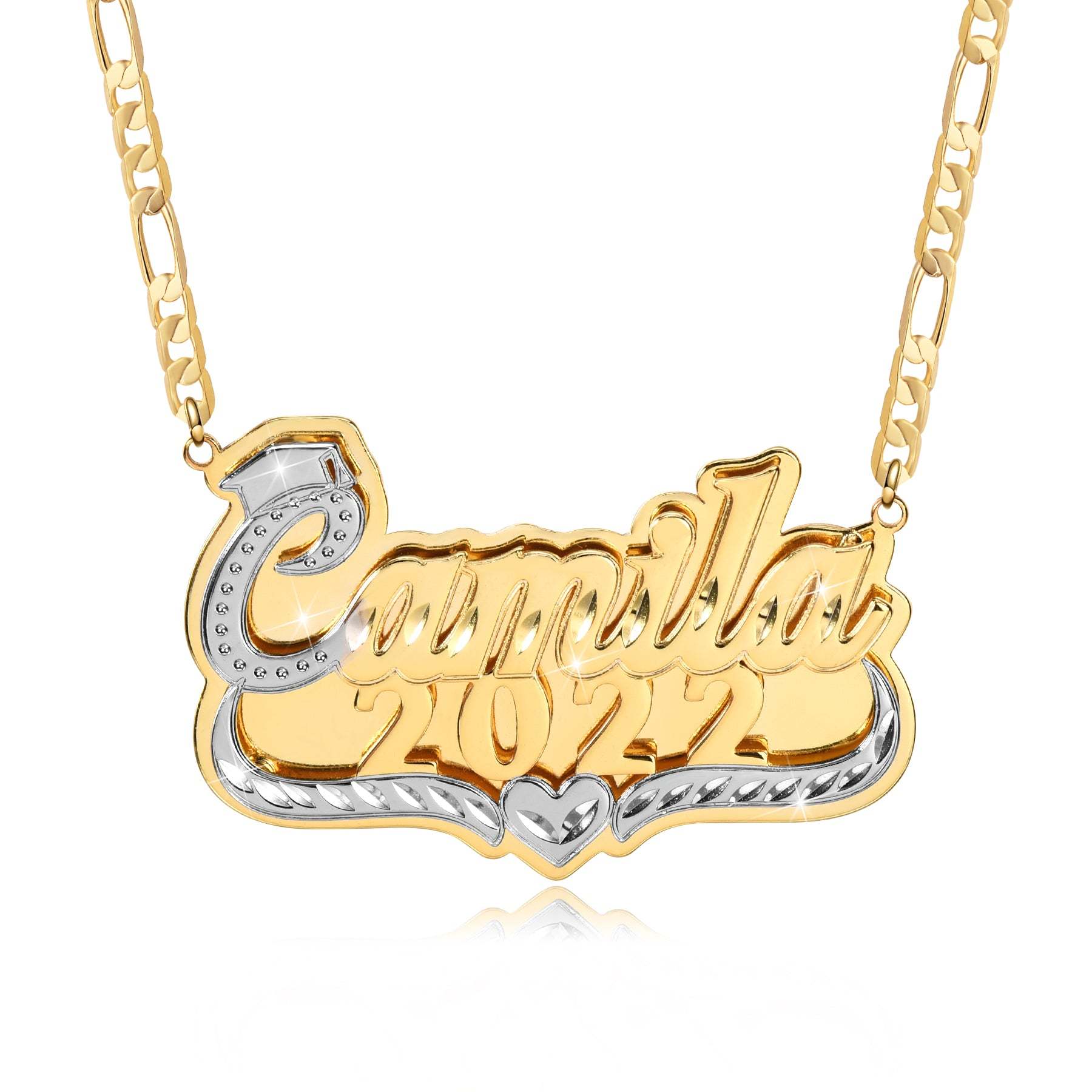Double Plate Two Tone with Heart Personalized Graduation Cap Name and Year Necklace-silviax