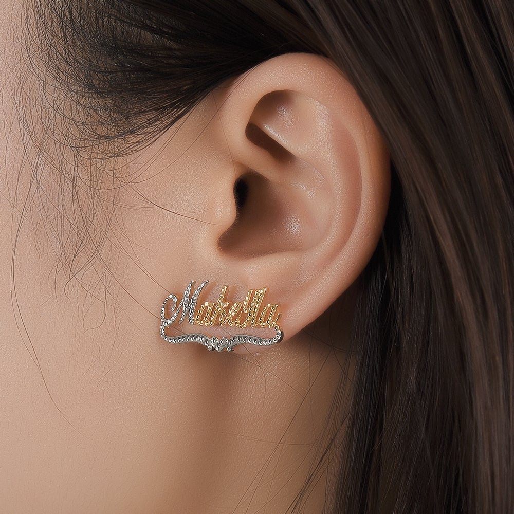 Gold Plated Two Tones Personalized Name Studs Earrings Mother Gift-silviax