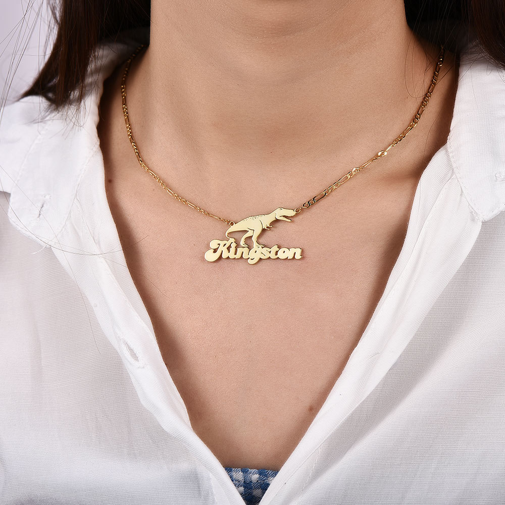 Dinosaur Nameplate Pendant Personalized Custom Gold Plated Name Necklace-silviax