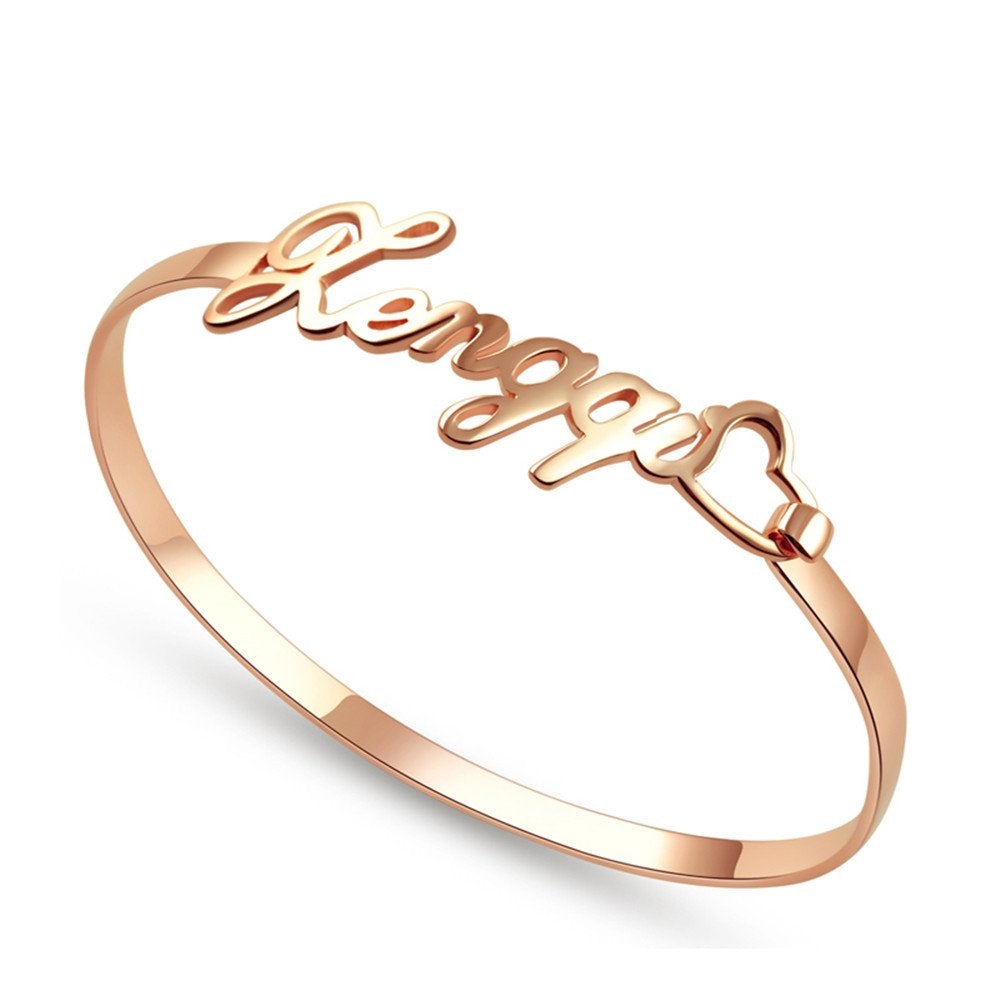 LSxAB Bracciale Rigido Regolabile Con Lettera Iniziale A-Z – Rosa Oro, A Cuore, In Acciaio Inox 316L, Regalo Personalizzato Per Donna