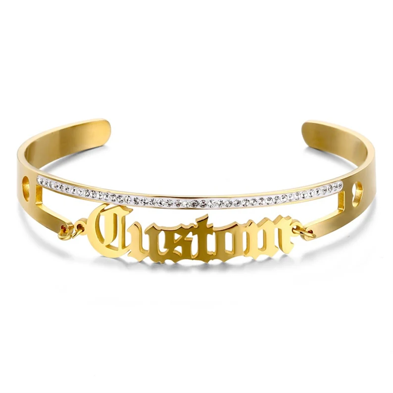 Personalized Bling Crystal Name Cuff Bangle Old English Name Bracelet-silviax