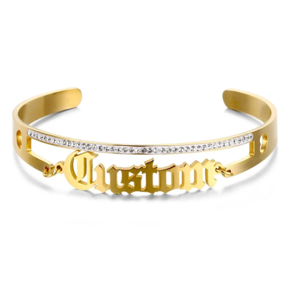 Personalized Bling Crystal Name Cuff Bangle Old English Name Bracelet-silviax