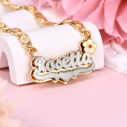 Double Plate Two Tone Birthstone Flower Heart with XOXO Chain Personalized Custom Gold Plated Name Necklace-silviax