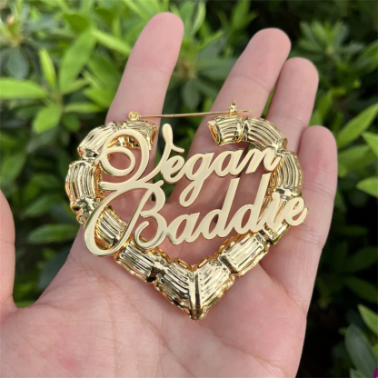 Heart Shaped Personalized Custom Gold Plated Two Names Bamboo Earrings-silviax