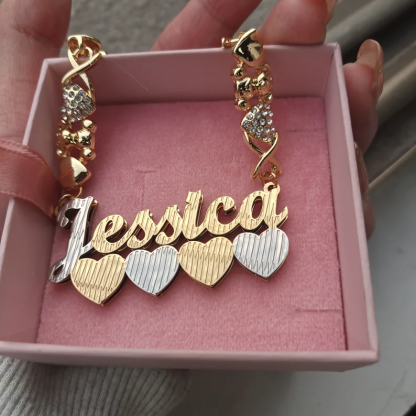 Teddy Bear and Heart XOXO Chain Double Layer Two Tone Four Hearts Personalized Custom Name Necklace-silviax