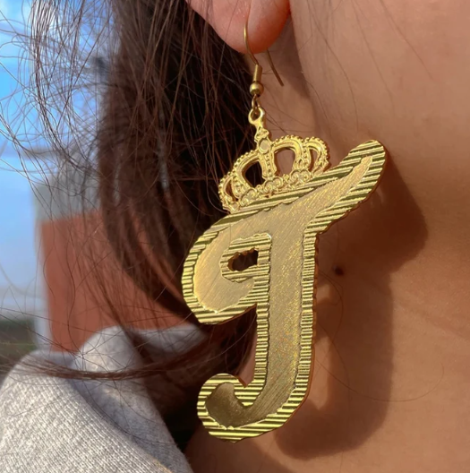 A-Z Big Capital Letter with Crown Custom Initial Name Earrings Stud-silviax