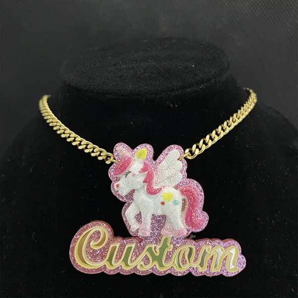 Cute Unicorn Personalized Pink Acrylic Name Necklace for Kids-silviax