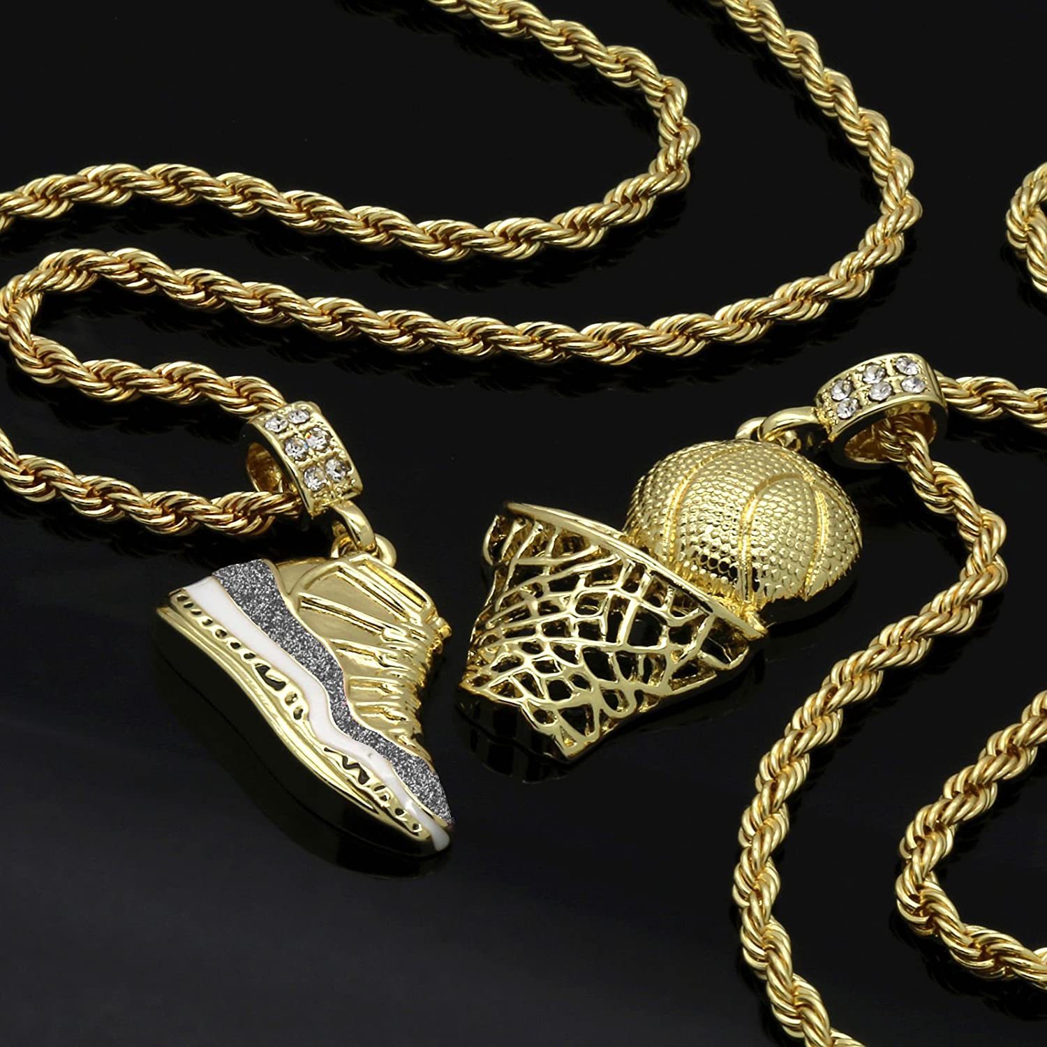 Hip Hop Retro Shoes Pendant & Basketball Basketball Hoop Pendant Gold Plated Necklace-silviax