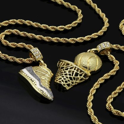 Hip Hop Retro Shoes Pendant & Basketball Basketball Hoop Pendant Gold Plated Necklace-silviax
