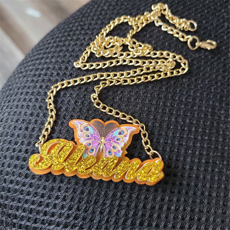 Personalized Double Plate Orange Acrylic Butterfly Sparkling Nameplate Necklace-silviax