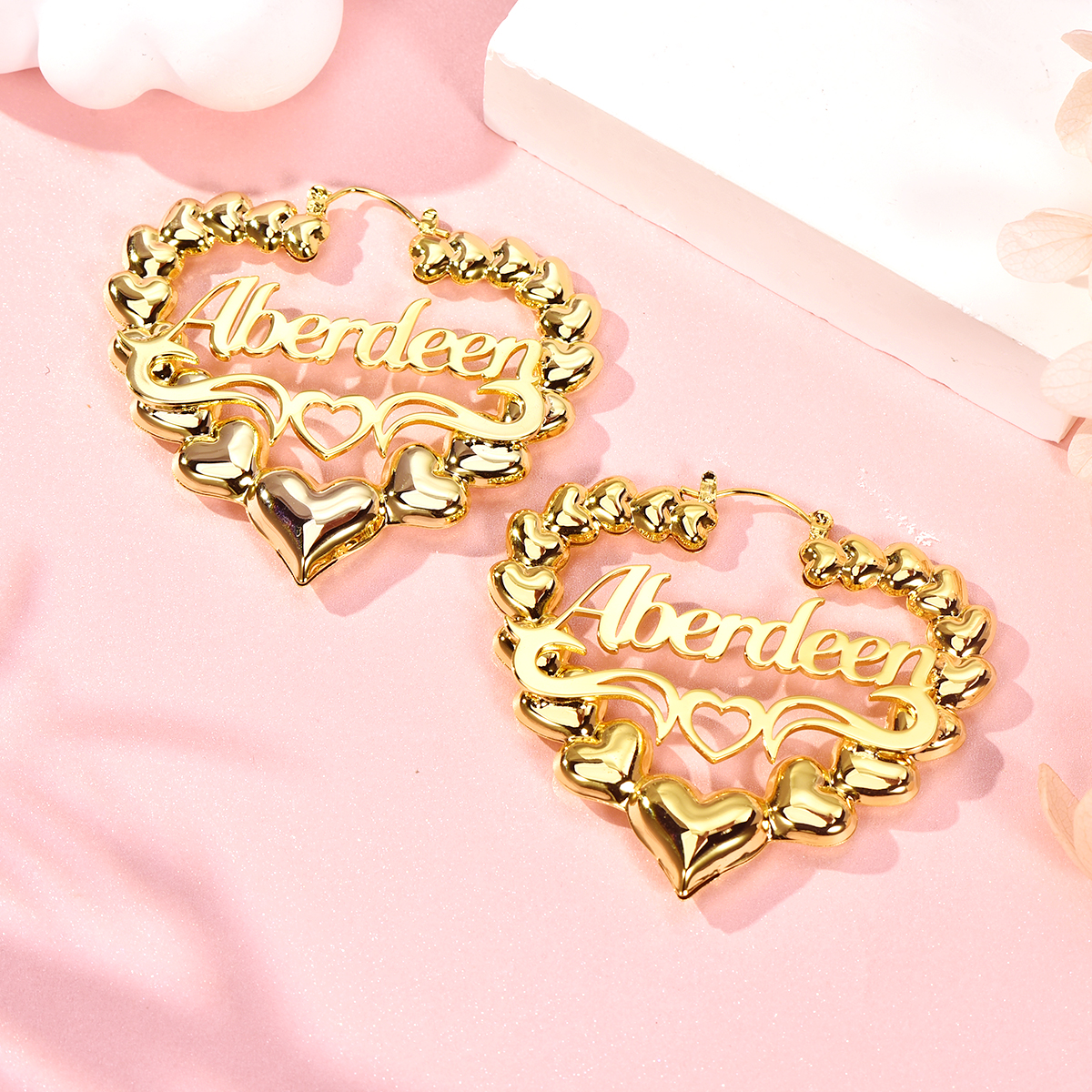Personalized Custom Heart Shaped Underline Hollow Heart Bamboo Name Earrings-silviax