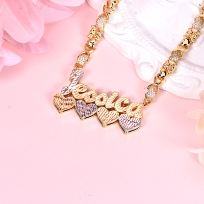 Teddy Bear and Heart XOXO Chain Double Layer Two Tone Four Hearts Personalized Custom Name Necklace-silviax