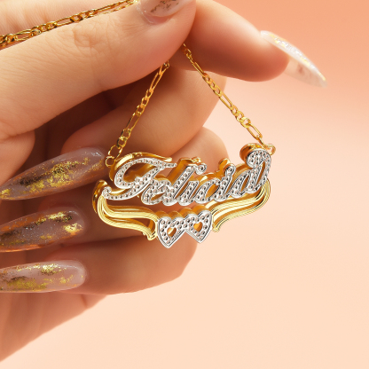 Two Tone Gold Plated Personalized Hollow Heart Double Plate 3D Name Necklace
