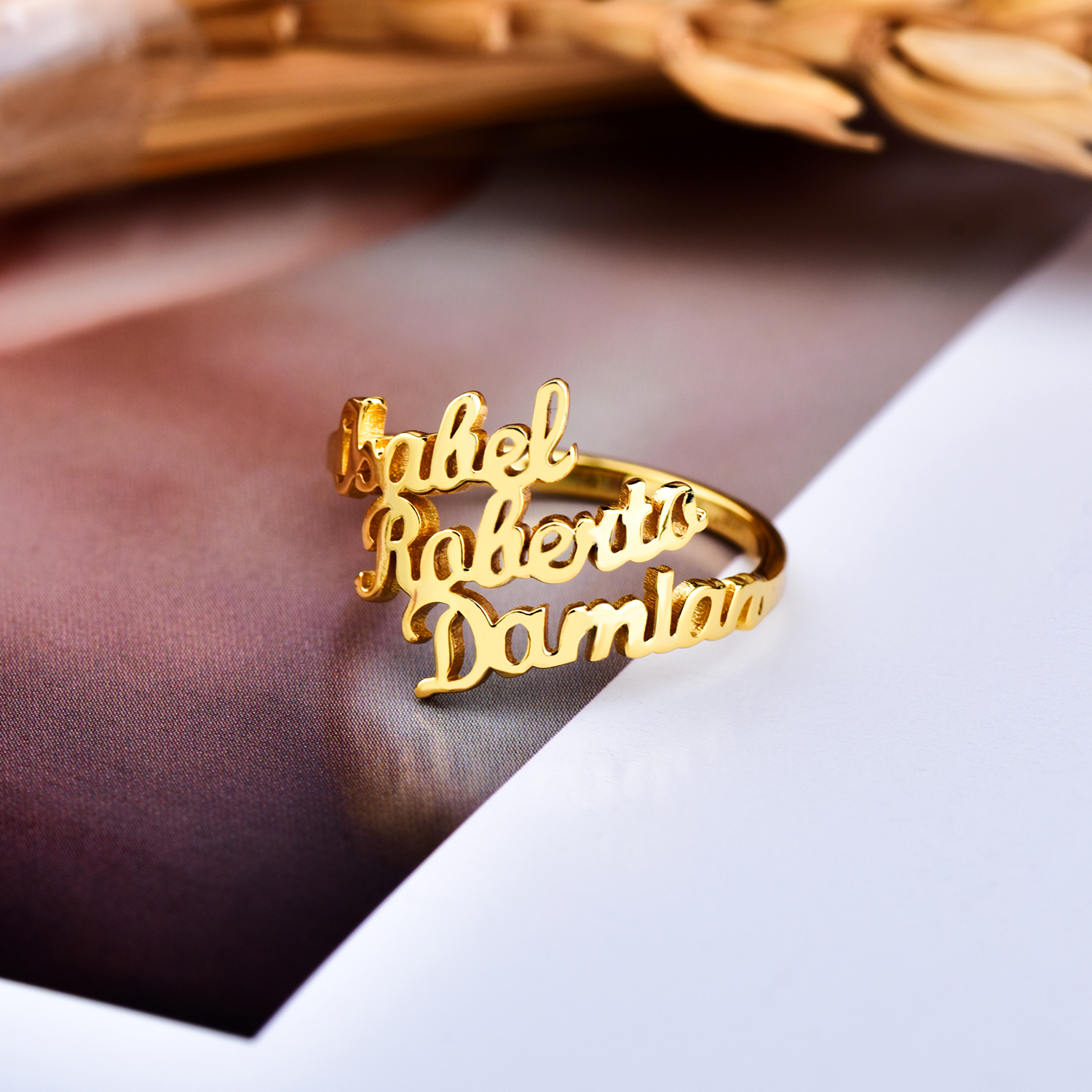 Three Names Personalized Custom Ring Gold Plated