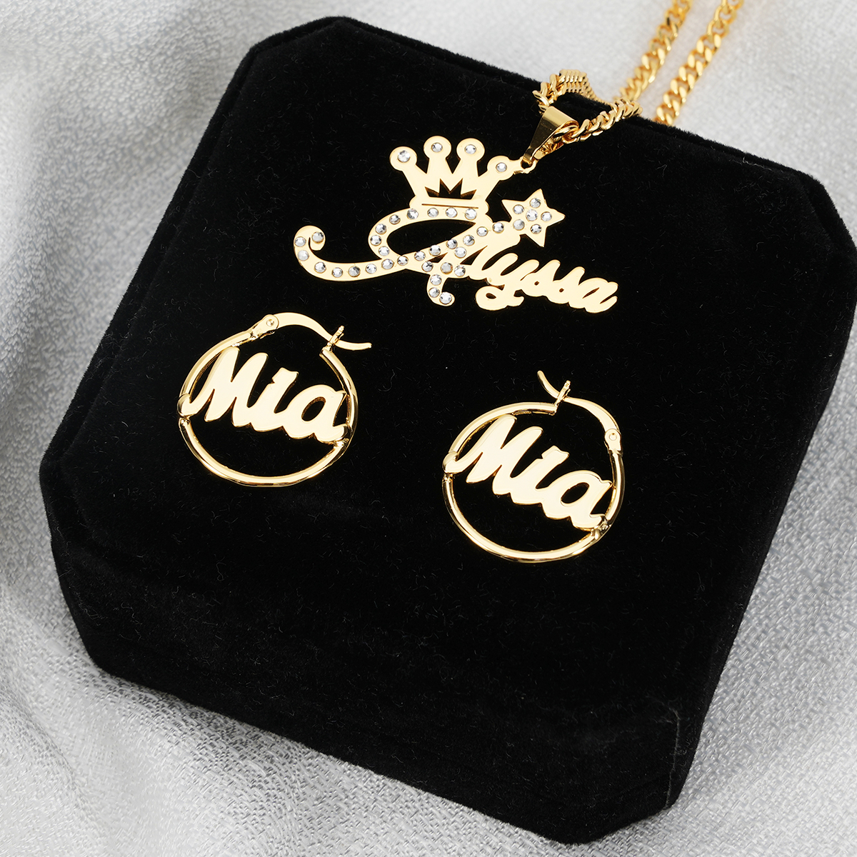 Crown Zircona Personalized Custom Jewelry Set 2pcs Name Necklace Mini Hoop Name Earrings
