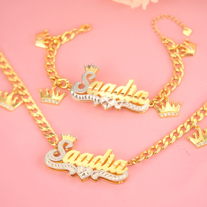 Double Layer Two Tone Crown Heart Nameplate Cuban Chain With Heart Pendants Personalized Custom Gold Plated Name Necklace And Bracelet Set-silviax