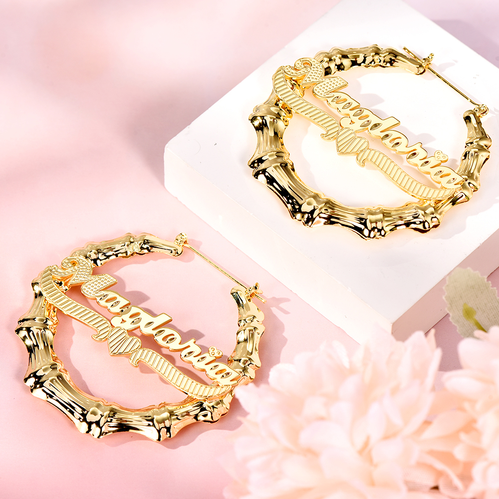 Heart Underline Nameplate Personalized Custom Gold Plated Bamboo Name Earrings-silviax