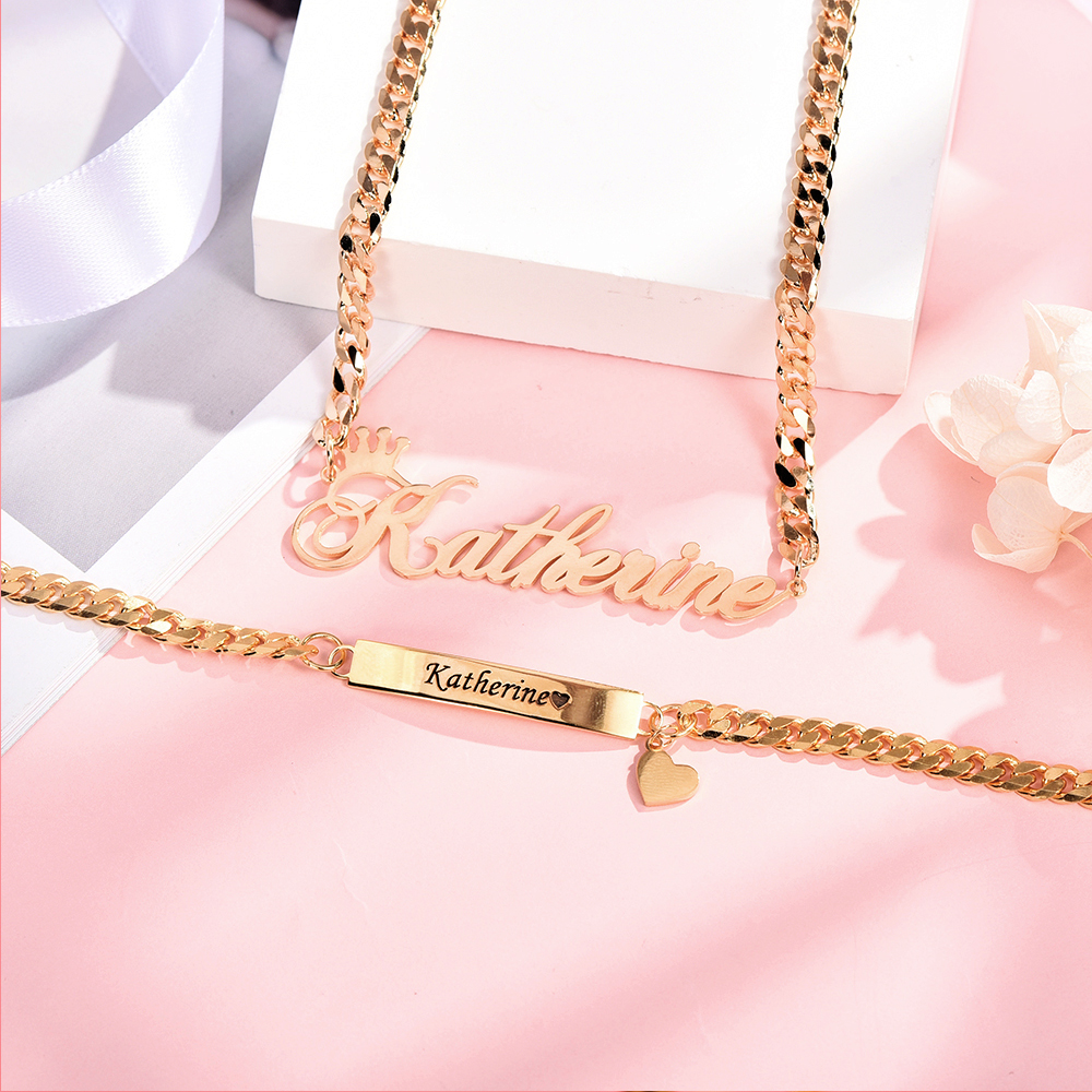 Personalized Crown and Heart Name Necklace and Bar Bracelets for Babies Kids Set-silviax