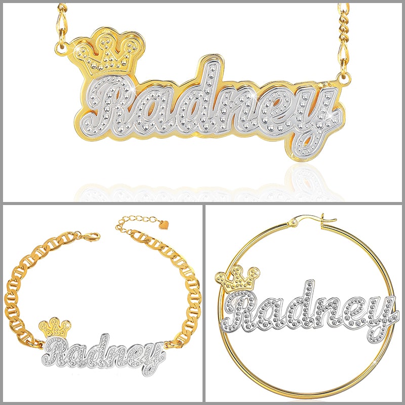 Crown Two Tone Custom Name Bracelet Earrings and Double Plate Necklace Set Gold Plated-silviax
