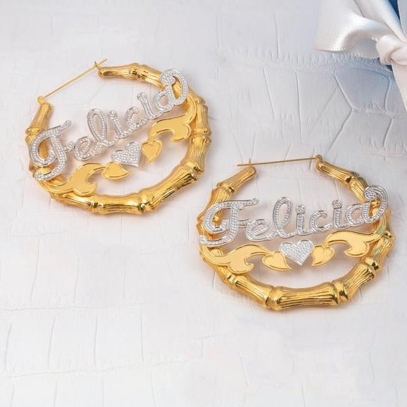 Two Tone Heart Gold Plated Bamboo Name Custom Earrings-silviax