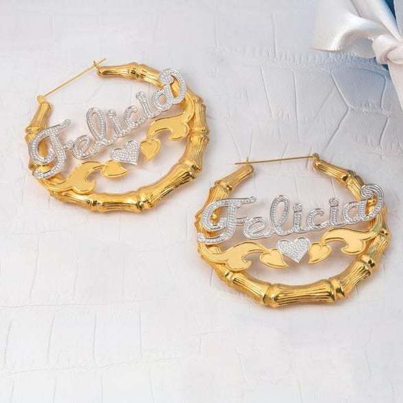 Two Tone Heart Gold Plated Bamboo Name Custom Earrings-silviax