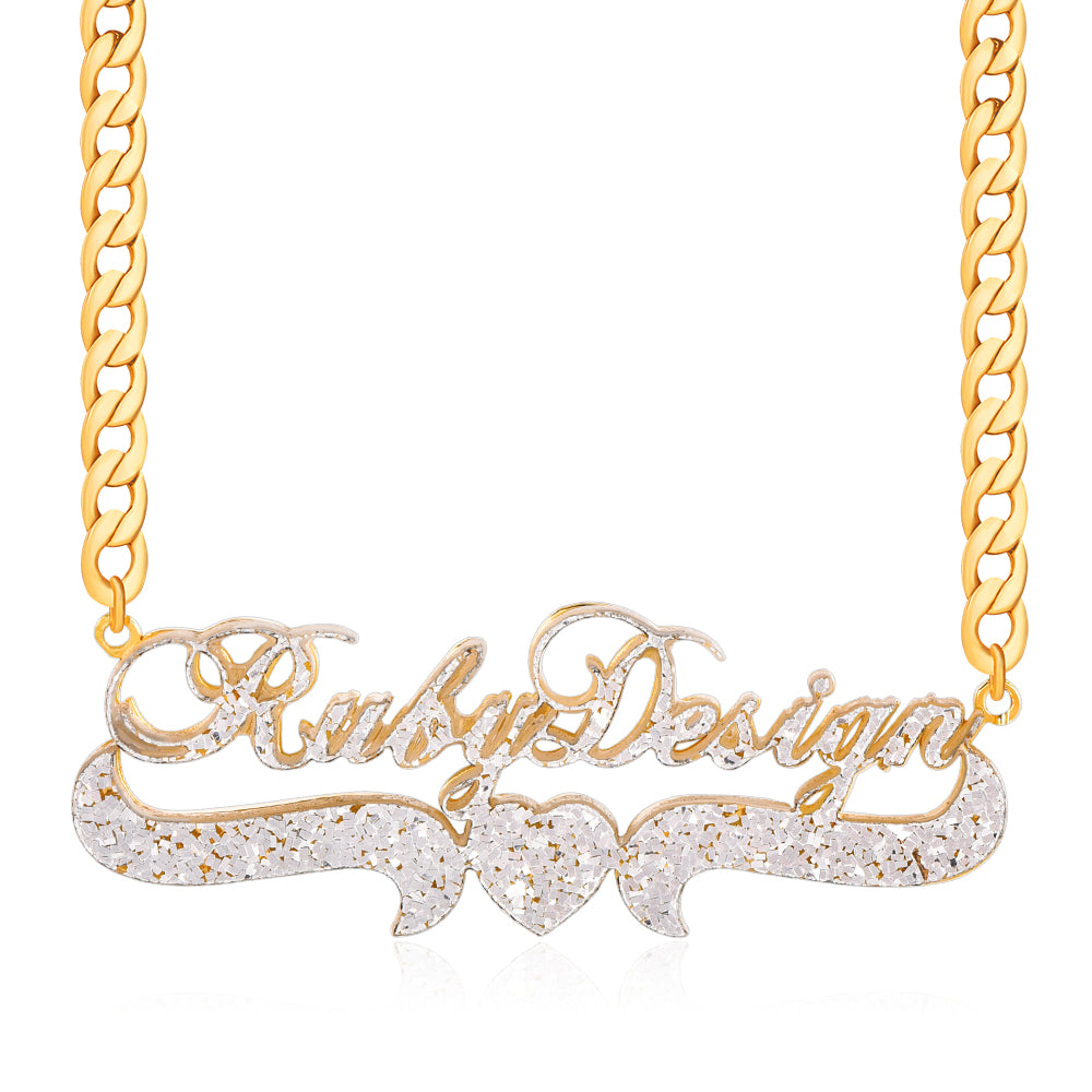 Sparkling Acrylic Personalized Custom Gold Plated Double Layer Name Necklace with Heart-silviax