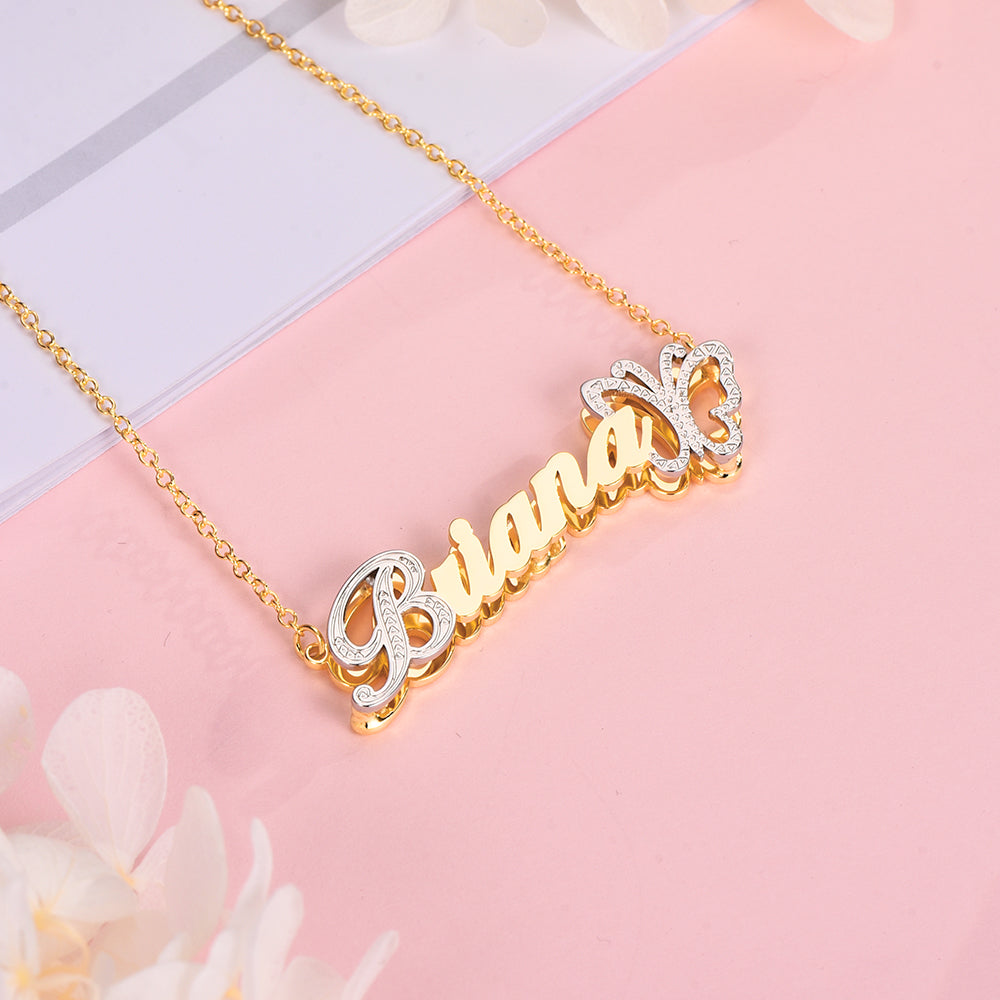 Double Layer with Butterfly Personalized Custom 3D Name Necklace Customized Gift for Women-silviax