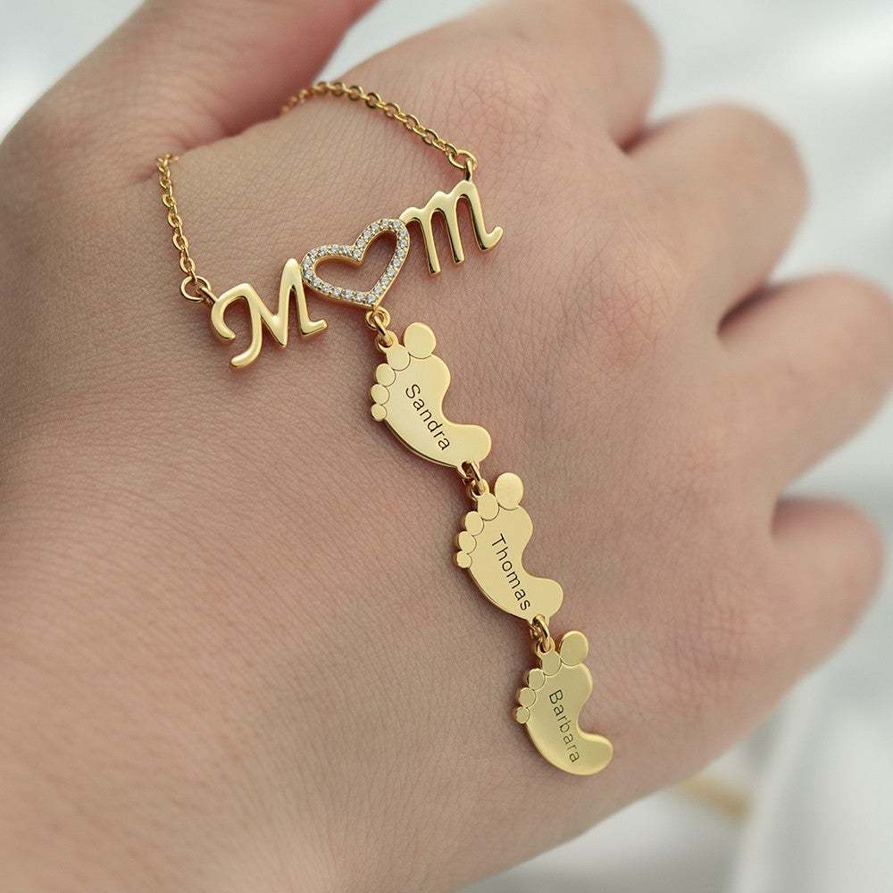 Mom and Baby Feet Personalized Custom 1 to 5 Name Necklace Gold Plated Jewelry Mother's Day Gift for Mom Women-silviax