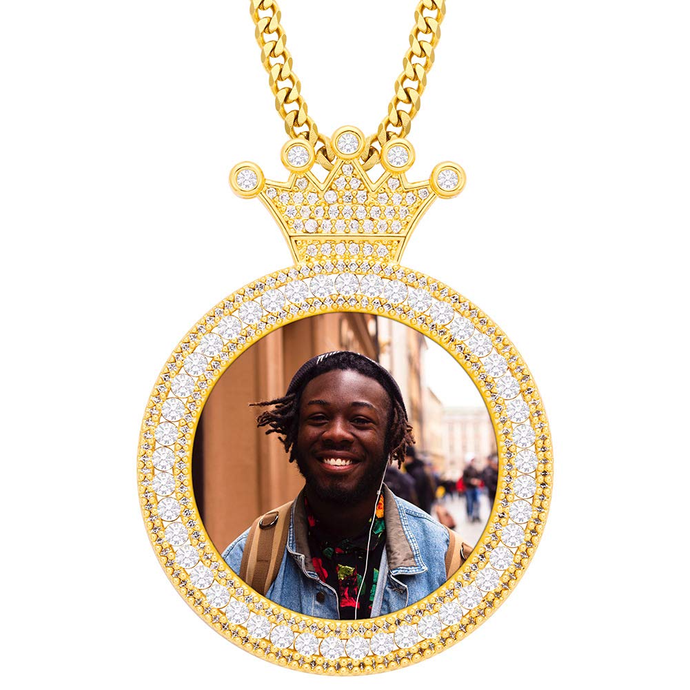 Round Pendant with Crown Photo Necklace Gold Plated-silviax