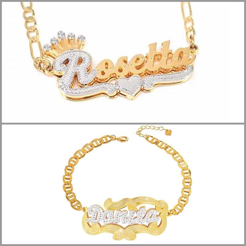 Double Layer Two Tone Name Bracelet and Crown Heart Necklace Custom Gold Plated Set-silviax