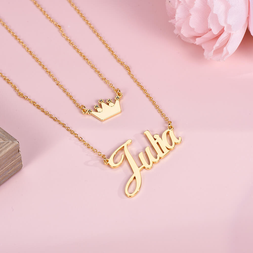 Double Chain With Crown Personalized Custom Gold Plated Name Necklace-silviax