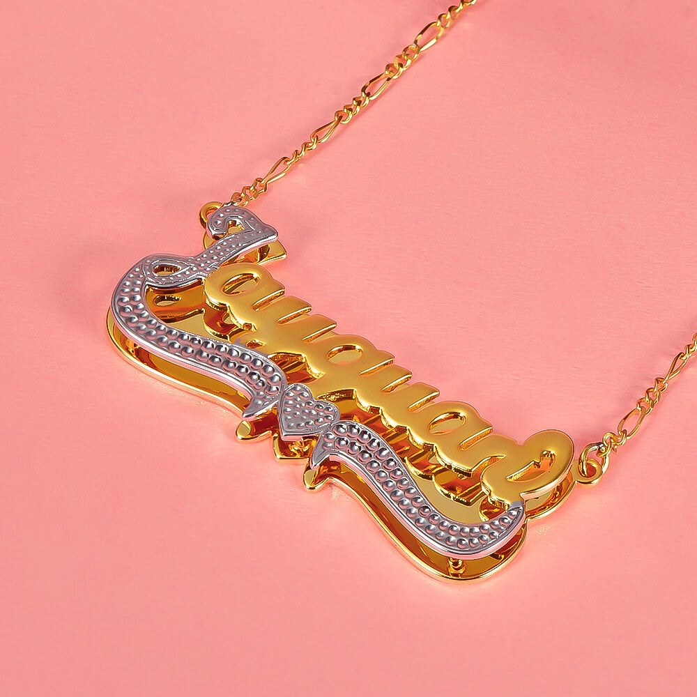 Double Layer Two Tone Gold Plated Personalized Custom Name Necklace with Heart-silviax