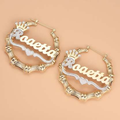 Crown Two Tone Personalized Custom Gold Plated Name Bamboo Hoop Earrings And Double Layer Name Necklace Set-silviax