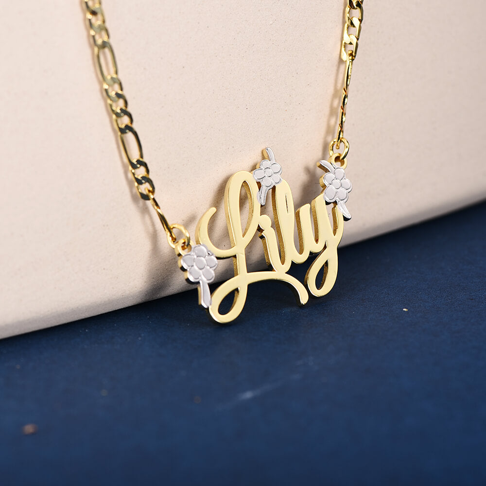 Two Tone Nameplate With Flowers Personalized Custom Gold Plated Name Necklace-silviax