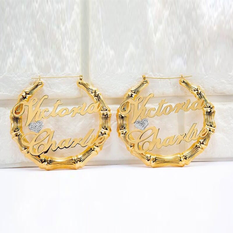 Heart Two Tone Two Names Bamboo Gold Plated Earrings-silviax