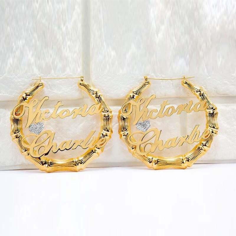 Heart Two Tone Two Names Bamboo Gold Plated Earrings-silviax