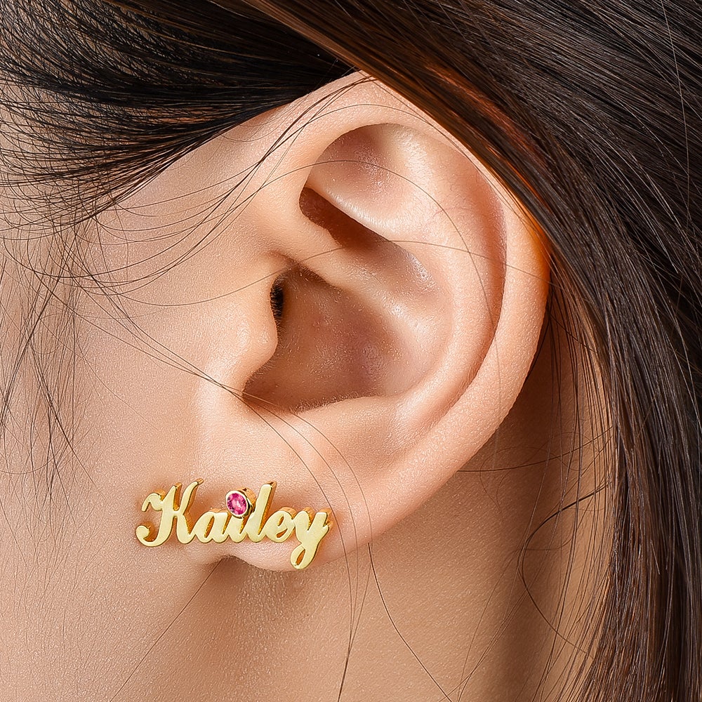 Gold Plated Personalized Name Earring With Birthstone Women Gift-silviax
