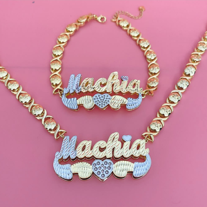 Double Layer XOXO Chain with Heart Personalized Hugs and Kisses Name Necklace and Bracelet Set-silviax