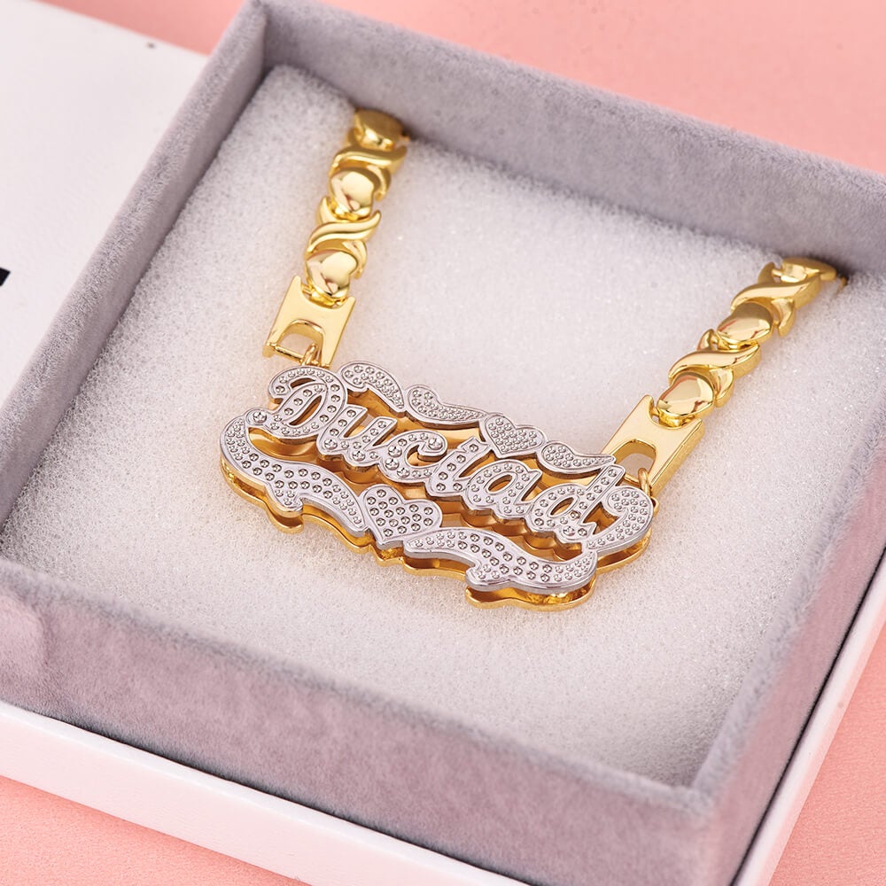 Double Layer Two Tone Nameplate Heart with XOXO Chain Personalized Custom Gold Plated Name Necklace-silviax