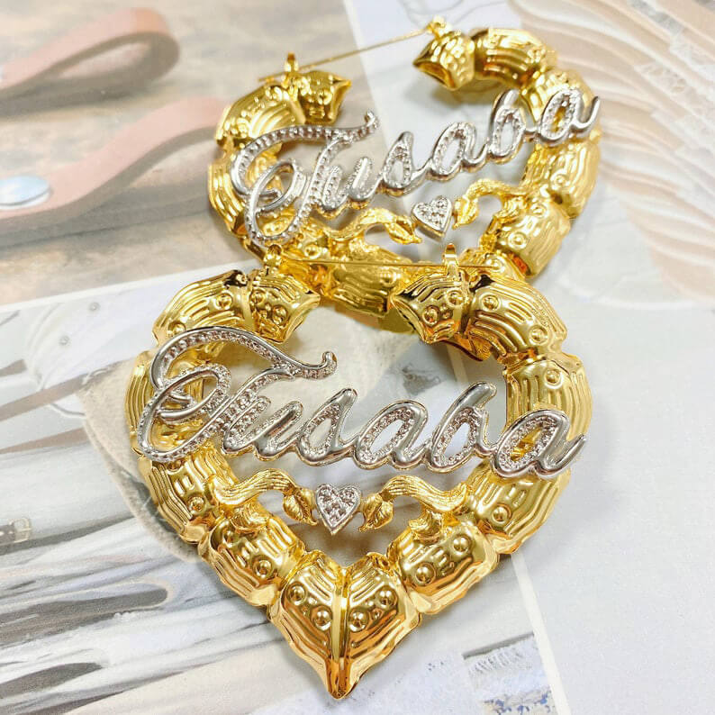 Two Tone Gold Plated Personalized Custom Heart Bamboo Name Earrings with Heart-silviax
