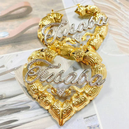 Two Tone Gold Plated Personalized Custom Heart Bamboo Name Earrings with Heart-silviax