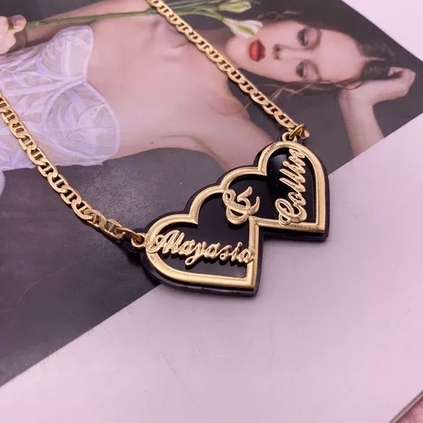 Acrylic Double Heart Pendant Personalized Custom Gold Plated Name Necklace Couple Gift-silviax
