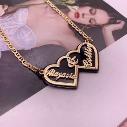 Acrylic Double Heart Pendant Personalized Custom Gold Plated Name Necklace Couple Gift-silviax