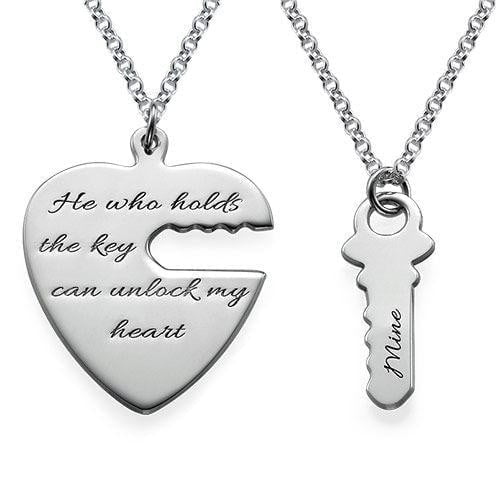 Engraved Key to My Heart Vertical Pendant Couple Necklace Silver-silviax