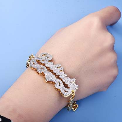Double Layer Two Tone Nameplate XOXO Heart Chain Personalized Custom Gold Plated Name Bracelet-silviax