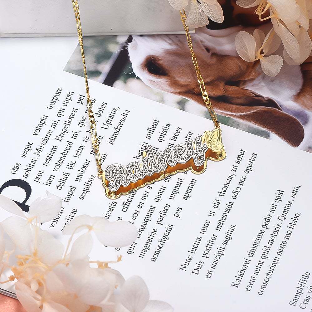 Butterfly Double Plate Two-tone Personalized Custom Gold Plated Name Necklace-silviax