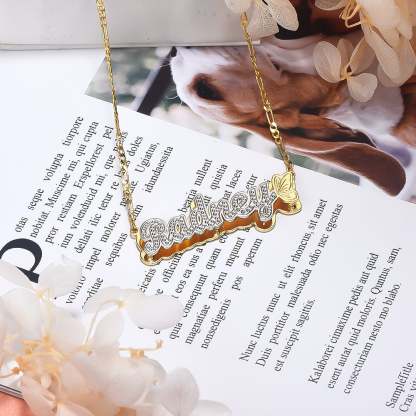 Butterfly Double Plate Two-tone Personalized Custom Gold Plated Name Necklace-silviax