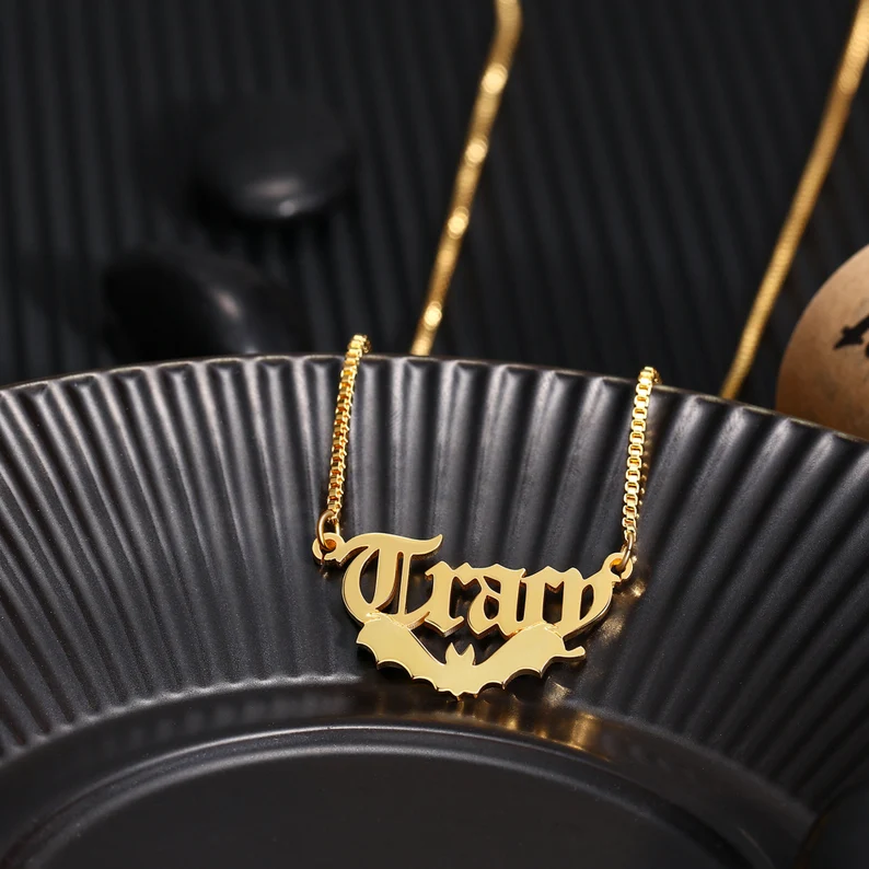 Halloween Personalized Custom Gold Plated Bat Name Necklace-silviax