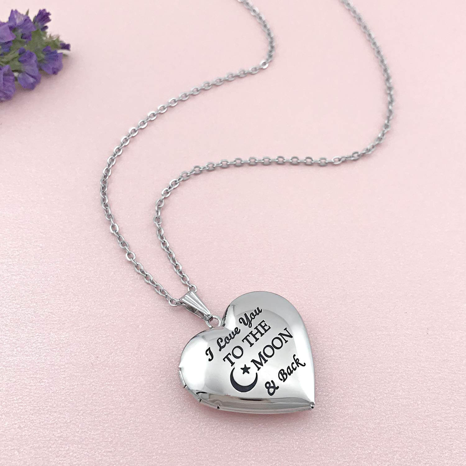Heart Locket That Engraved "I Love You to the Moon and Back" Two Photos Personalized Custom White Gold Photo Necklace-silviax