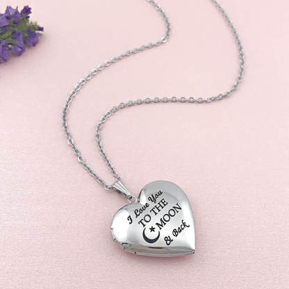 Heart Locket That Engraved "I Love You to the Moon and Back" Two Photos Personalized Custom White Gold Photo Necklace-silviax